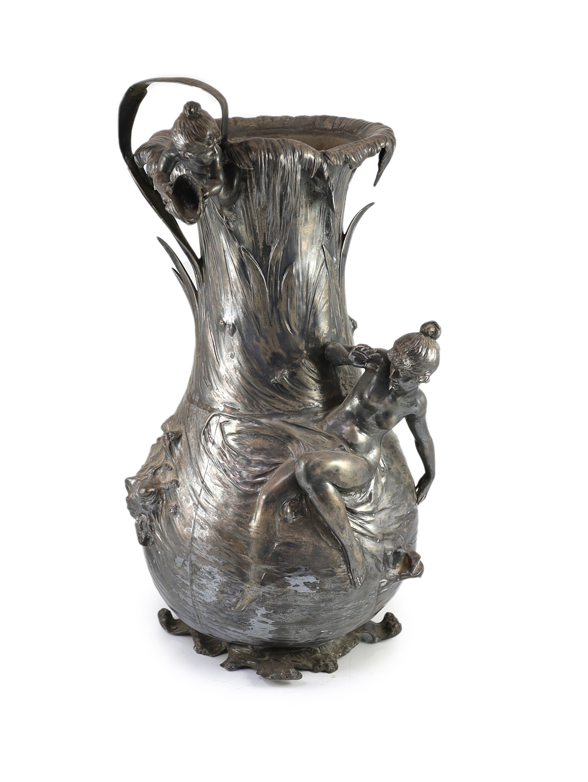 An unusually large WMF Art Nouveau silvered pewter vase, height 57cm